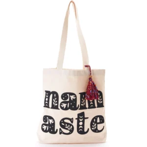 Chahna Namaste Canvas Cotton Tote Bag Upcycled Sari Tassel